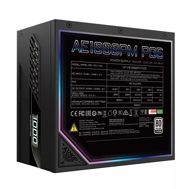 GIGABYTE AORUS ELITE P1000W ICE Alimentatore - PCIe 5.0, 80 PLUS Platinum, design completamente modulare, ventola da 120 mm, compatibile ATX 3.0, spina EU