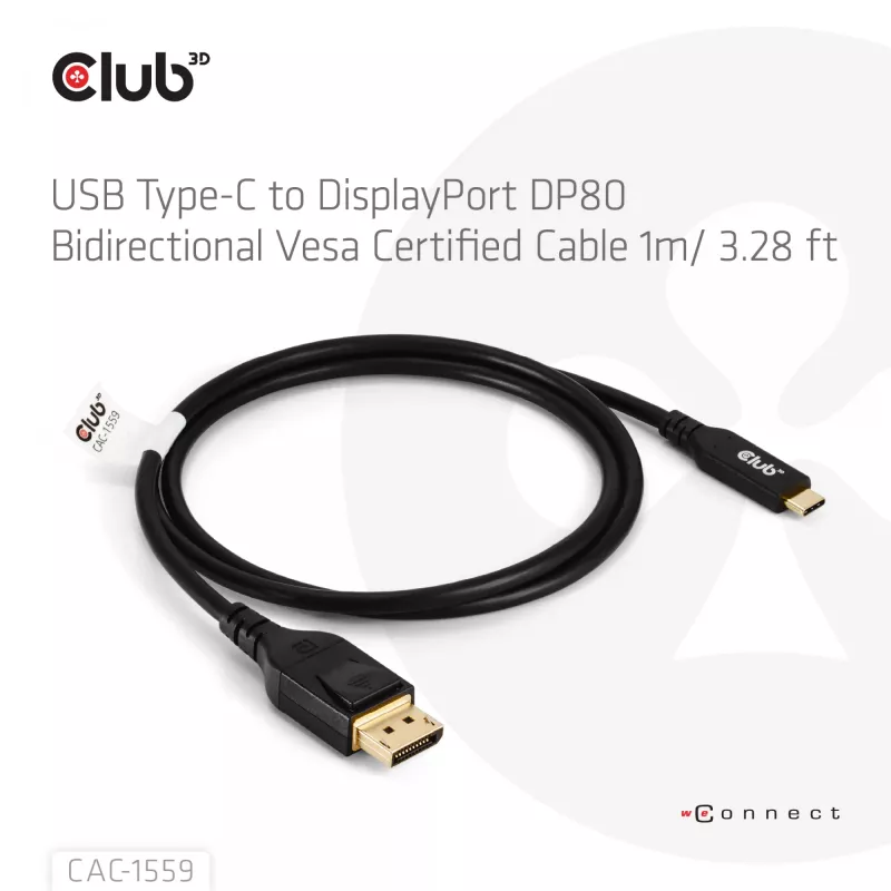 Cavo USB Type-C su DisplayPort 2.1, Club 3D CAC-1559, bidirezionale, certificato VESA DP80, 1 m