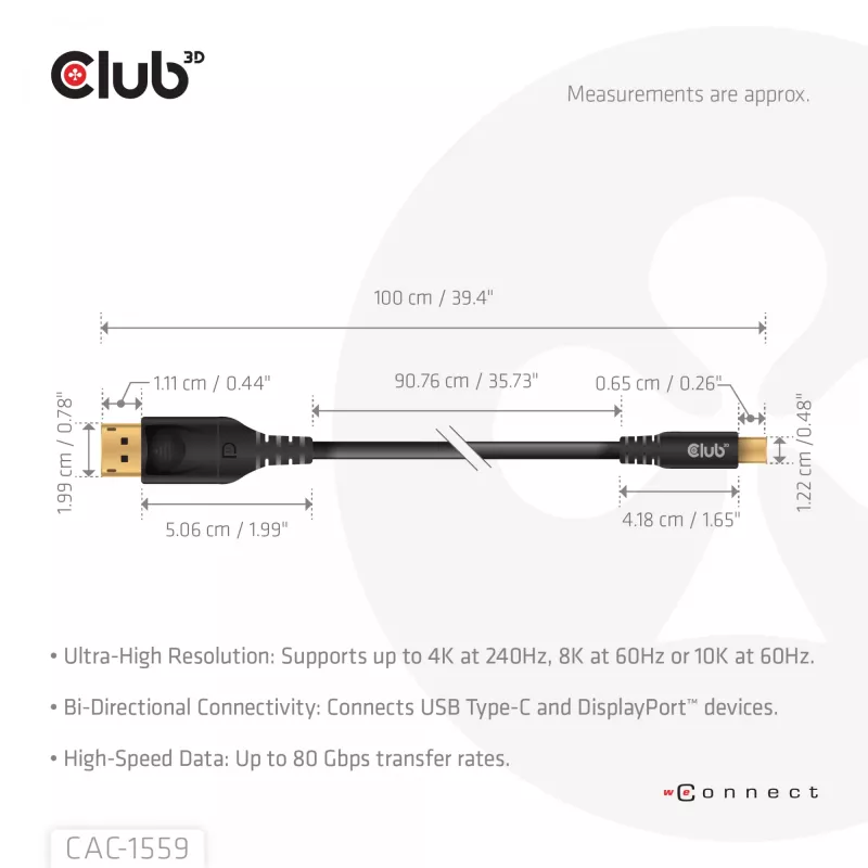 Cavo USB Type-C su DisplayPort 2.1, Club 3D CAC-1559, bidirezionale, certificato VESA DP80, 1 m