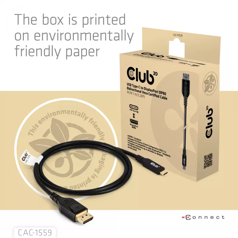 Cavo USB Type-C su DisplayPort 2.1, Club 3D CAC-1559, bidirezionale, certificato VESA DP80, 1 m