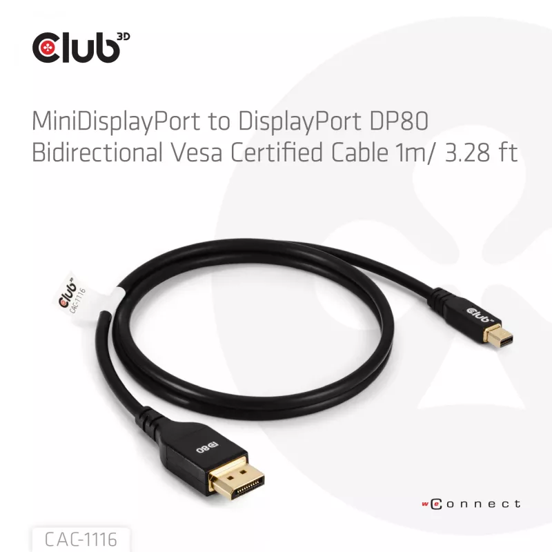 Cavo Mini DisplayPort™ su DisplayPort™ bidirezionale CLUB3D certificato VESA DP80 M/M 1m/3.28ft