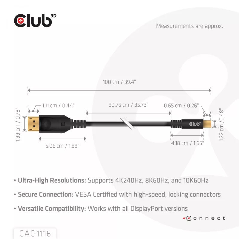 Cavo Mini DisplayPort™ su DisplayPort™ bidirezionale CLUB3D certificato VESA DP80 M/M 1m/3.28ft