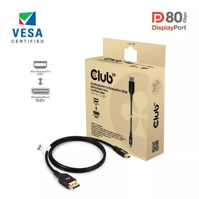 Cavo Mini DisplayPort™ su DisplayPort™ bidirezionale CLUB3D certificato VESA DP80 M/M 1m/3.28ft