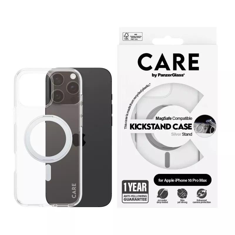 PanzerGlass CARE™ by ® Case trasparente con kickstand argento e MagSafe iPhone 16 Pro Max