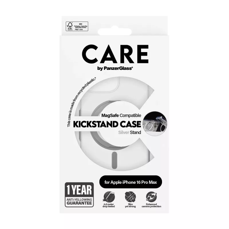 PanzerGlass CARE™ by ® Case trasparente con kickstand argento e MagSafe iPhone 16 Pro Max