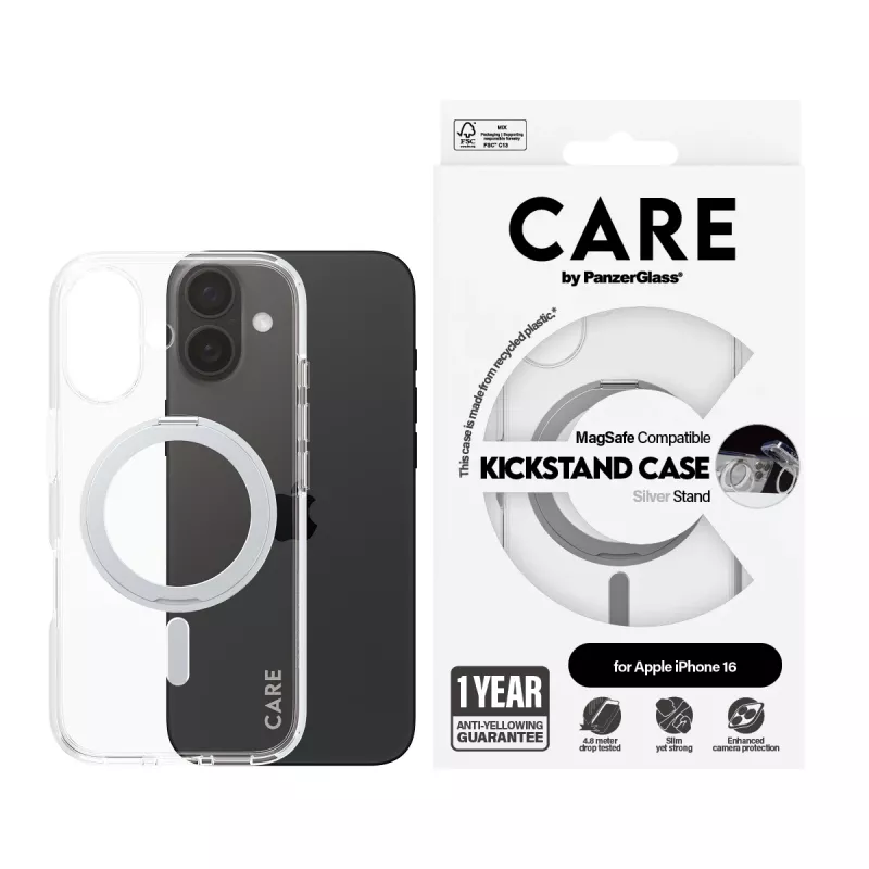 PanzerGlass CARE™ by ® Case trasparente con kickstand argento e MagSafe iPhone 16