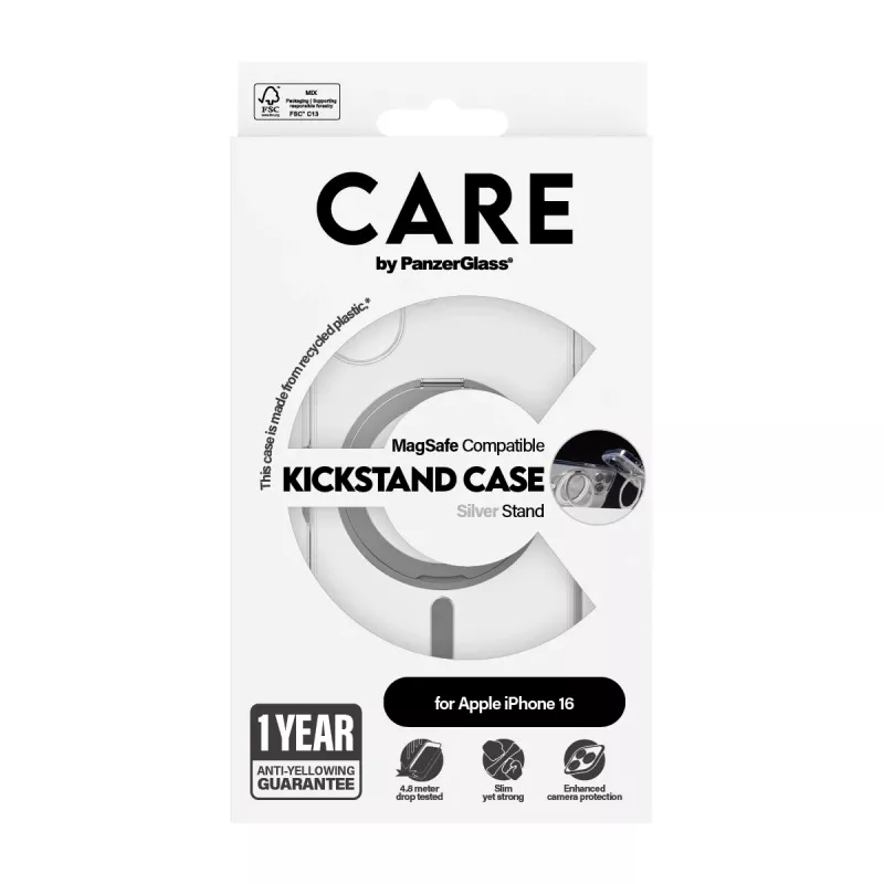 PanzerGlass CARE™ by ® Case trasparente con kickstand argento e MagSafe iPhone 16