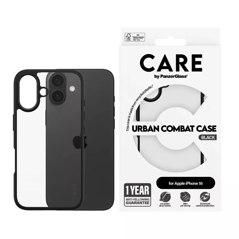 PanzerGlass CARE™ by ® Urban Combat custodia trasparente con cornice nera iPhone 16