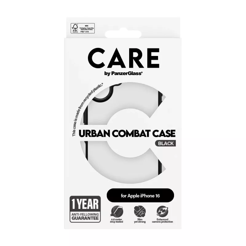 PanzerGlass CARE™ by ® Urban Combat custodia trasparente con cornice nera iPhone 16
