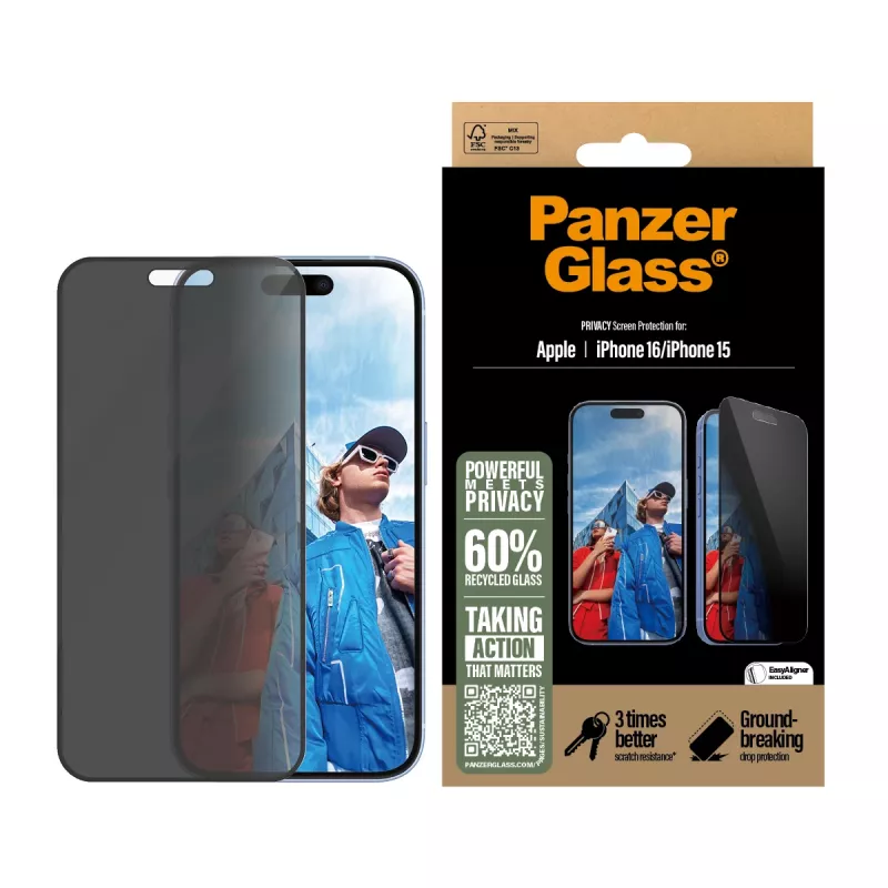 PanzerGlass® Privacy Screen Protector iPhone 16 | 15 | Ultra-Wide Fit con EasyAligner