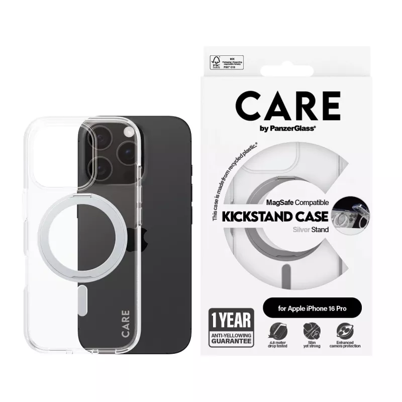 PanzerGlass CARE™ by ® Case trasparente con kickstand argento e MagSafe iPhone 16 Pro