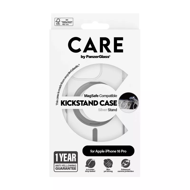 PanzerGlass CARE™ by ® Case trasparente con kickstand argento e MagSafe iPhone 16 Pro