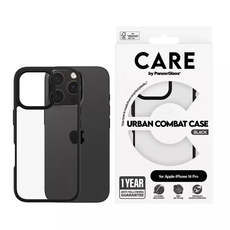 PanzerGlass CARE™ by ® Urban Combat custodia trasparente con cornice nera per iPhone 16 Pro