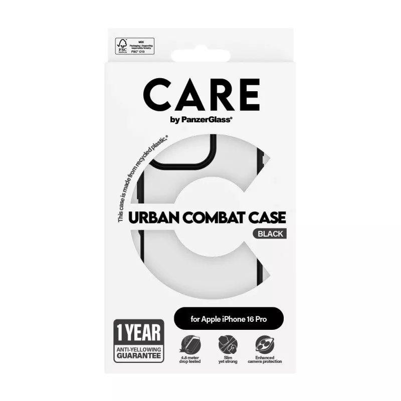 PanzerGlass CARE™ by ® Urban Combat custodia trasparente con cornice nera per iPhone 16 Pro