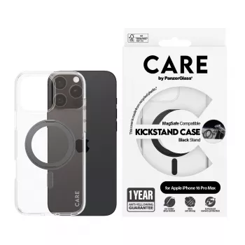 PanzerGlass CARE™ by ® custodia trasparente con kickstand nero e MagSafe per iPhone 16 Pro Max