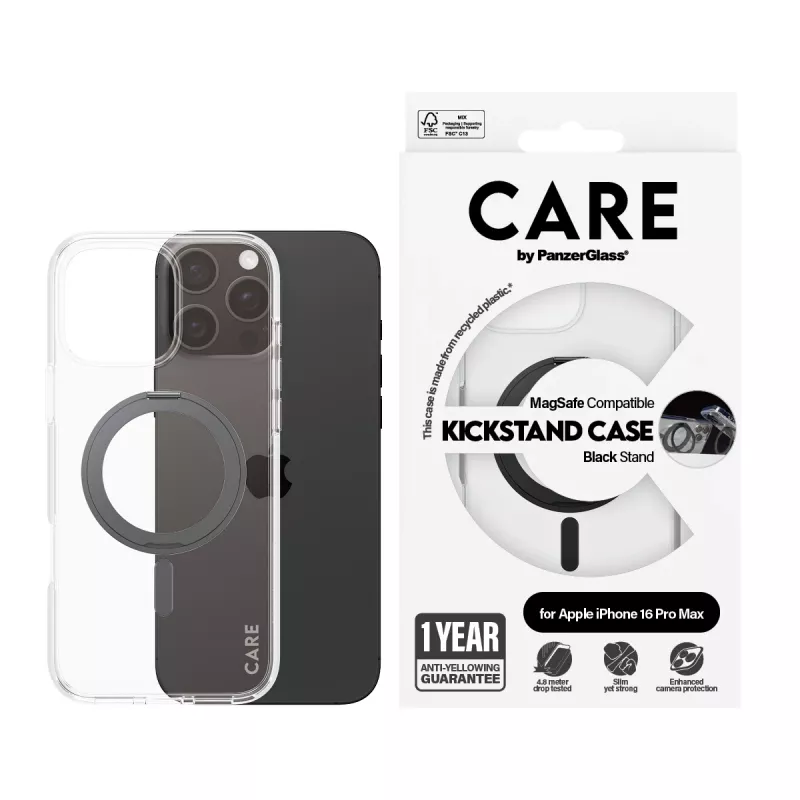 PanzerGlass CARE™ by ® custodia trasparente con kickstand nero e MagSafe per iPhone 16 Pro Max