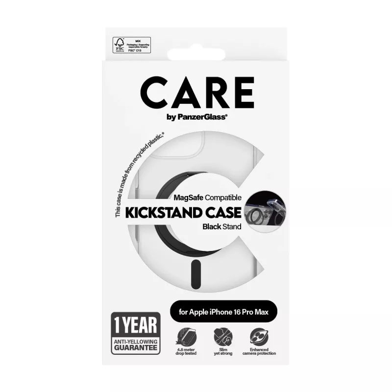 PanzerGlass CARE™ by ® custodia trasparente con kickstand nero e MagSafe per iPhone 16 Pro Max