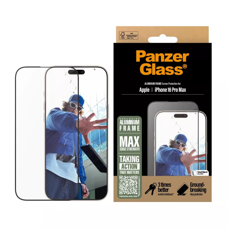 PanzerGlass® pellicola protettiva per display con cornice in alluminio iPhone 16 Pro Max | Ultra-Wide Fit