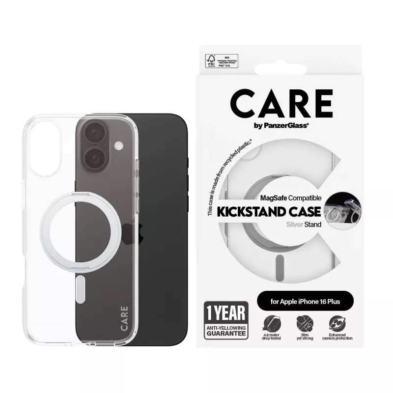PanzerGlass CARE™ by ® custodia trasparente con kickstand argento e MagSafe iPhone 16 Plus