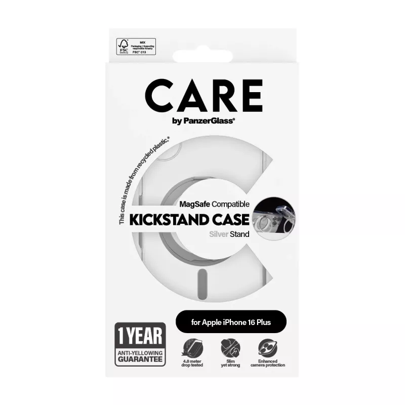 PanzerGlass CARE™ by ® custodia trasparente con kickstand argento e MagSafe iPhone 16 Plus