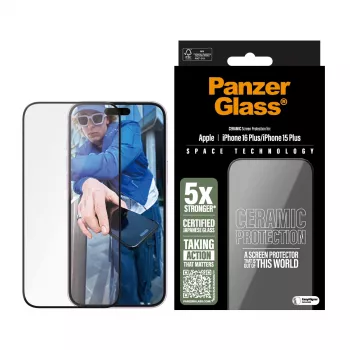 Pellicola protettiva in ceramica PanzerGlass ® per iPhone 16 Plus | 15 Plus | Ultra-Wide Fit con EasyAligner