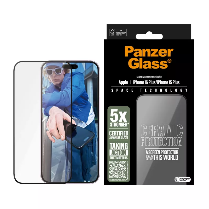 Pellicola protettiva in ceramica PanzerGlass ® per iPhone 16 Plus | 15 Plus | Ultra-Wide Fit con EasyAligner