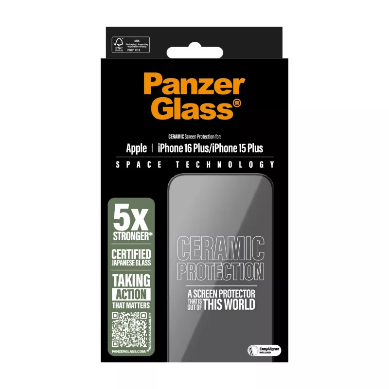 Pellicola protettiva in ceramica PanzerGlass ® per iPhone 16 Plus | 15 Plus | Ultra-Wide Fit con EasyAligner