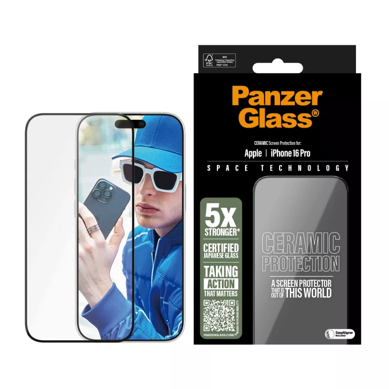 Pellicola protettiva in ceramica PanzerGlass ® iPhone 16 Pro | Ultra-Wide Fit con EasyAligner