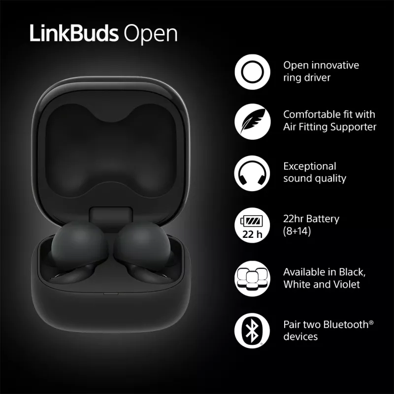 Cuffie Sony LinkBuds Open WFL910B — wireless Bluetooth in-ear, 20–20.000 Hz, portata 10 m, 63 g, nero
