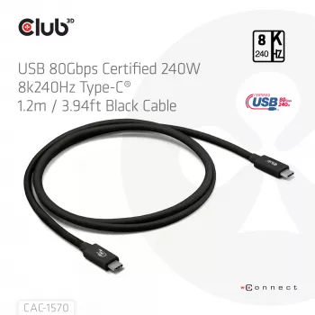 Cavo USB Type-C CLUB3D CAC-1570 1,2m — 80Gbps, 240W, supporta 8K@240Hz, nero