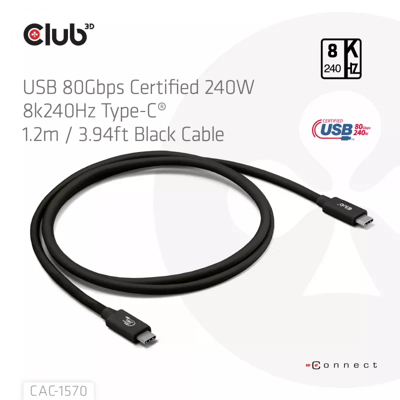 Cavo USB Type-C CLUB3D CAC-1570 1,2m — 80Gbps, 240W, supporta 8K@240Hz, nero