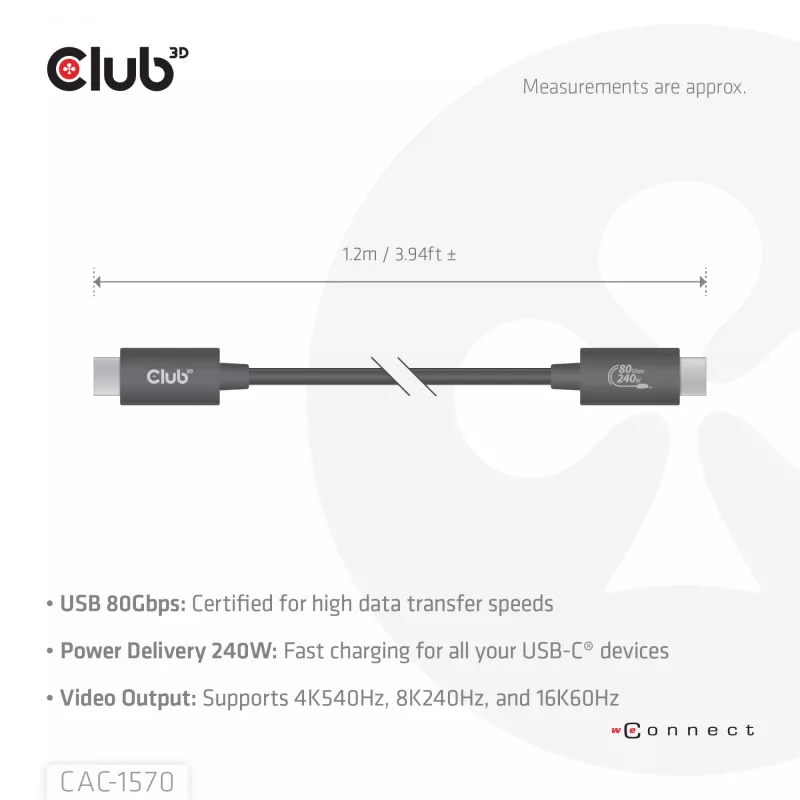 Cavo USB Type-C CLUB3D CAC-1570 1,2m — 80Gbps, 240W, supporta 8K@240Hz, nero