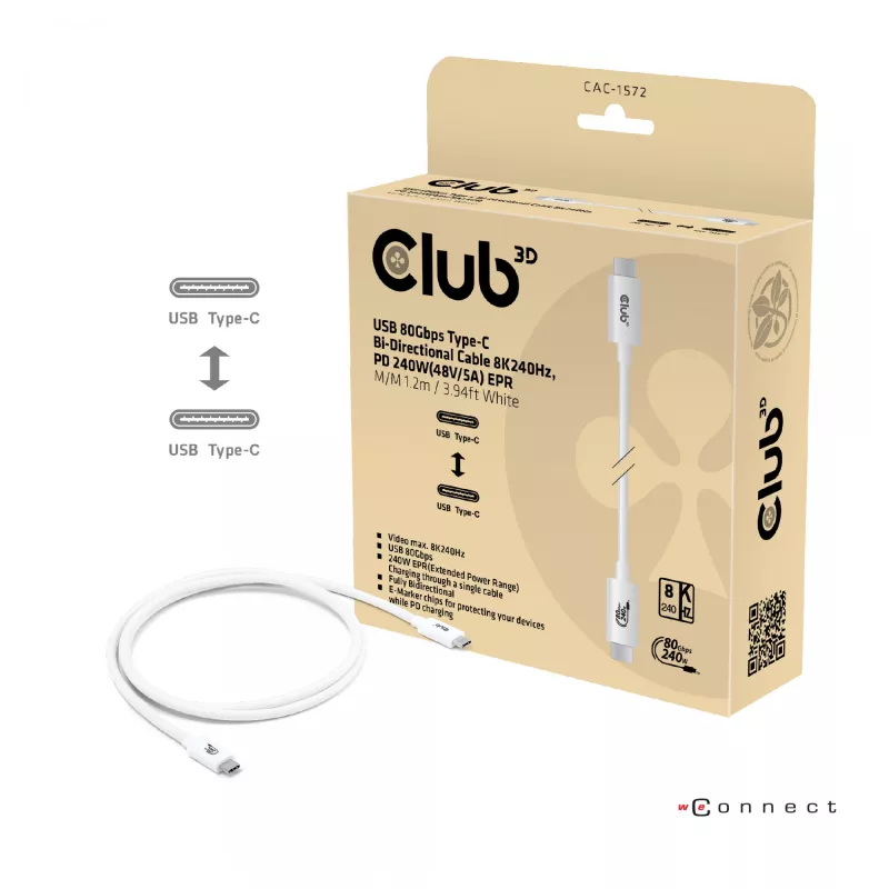 Club3D CAC-1572 cavo certificato USB 80 Gbps, da USB-C a USB-C, 240 W PD, 8K240Hz, 1,2 m, bianco