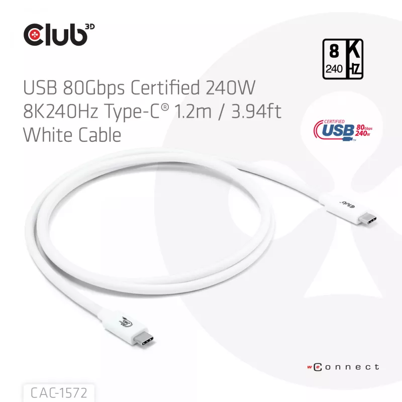 Club3D CAC-1572 cavo certificato USB 80 Gbps, da USB-C a USB-C, 240 W PD, 8K240Hz, 1,2 m, bianco