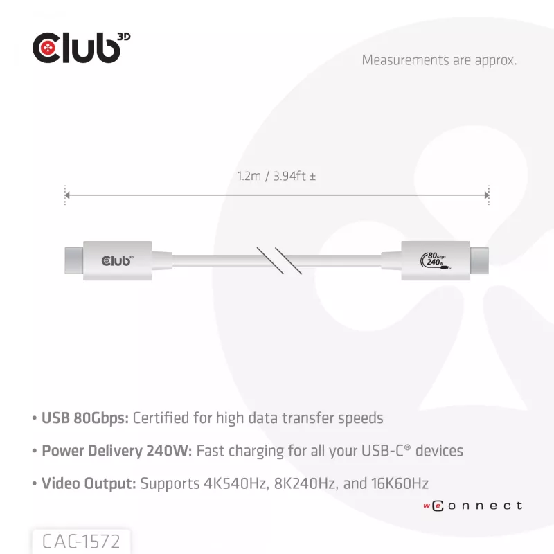 Club3D CAC-1572 cavo certificato USB 80 Gbps, da USB-C a USB-C, 240 W PD, 8K240Hz, 1,2 m, bianco