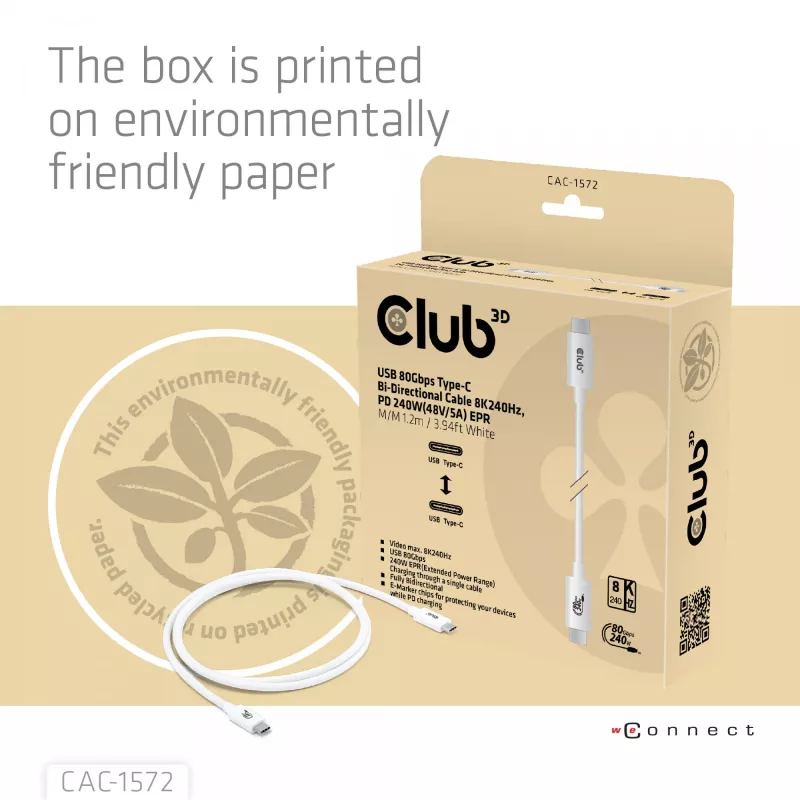 Club3D CAC-1572 cavo certificato USB 80 Gbps, da USB-C a USB-C, 240 W PD, 8K240Hz, 1,2 m, bianco