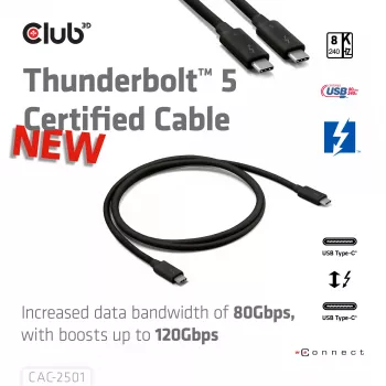 Cavo CLUB3D Thunderbolt™ 5 certificato 8K240Hz dati 80/120 Gbps EPR 240 Watt M/M 1m / 3,28ft