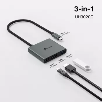 Hub USB Type-C TP-Link UH3020C — 3 porte (HDMI, USB-A, USB-C), 5 Gbit/s, HDMI 4K@60Hz, PD fino a 100W, alluminio, cavo 0,18 m