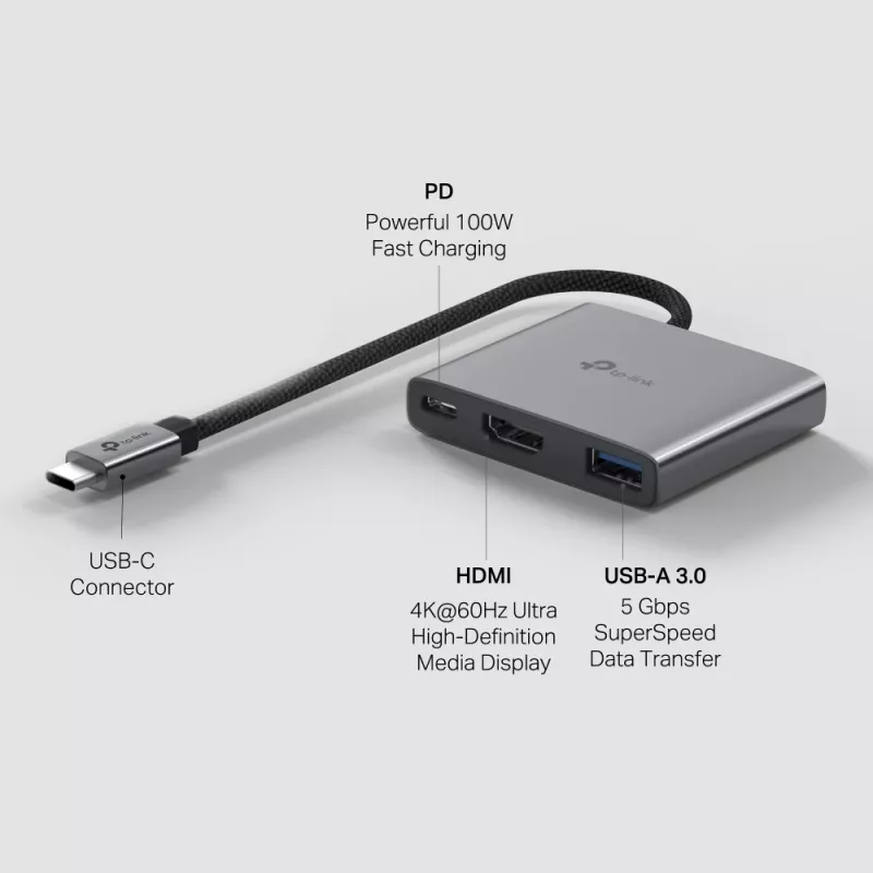 Hub USB Type-C TP-Link UH3020C — 3 porte (HDMI, USB-A, USB-C), 5 Gbit/s, HDMI 4K@60Hz, PD fino a 100W, alluminio, cavo 0,18 m