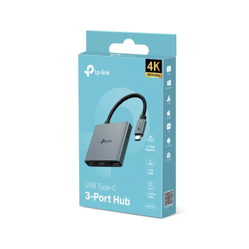 Hub USB Type-C TP-Link UH3020C — 3 porte (HDMI, USB-A, USB-C), 5 Gbit/s, HDMI 4K@60Hz, PD fino a 100W, alluminio, cavo 0,18 m