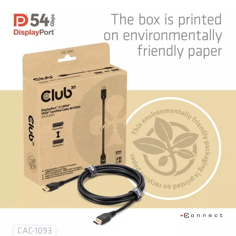 CLUB3D DisplayPort™ 2.1 DP54™ Cavo certificato VESA® 8K120Hz 3m/ 9.84ft