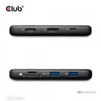 Dock portatile CLUB3D 8-1 USB Type-C® 10Gbps su HDMI™ e DisplayPort™ 8K30Hz PD max. 100Watt