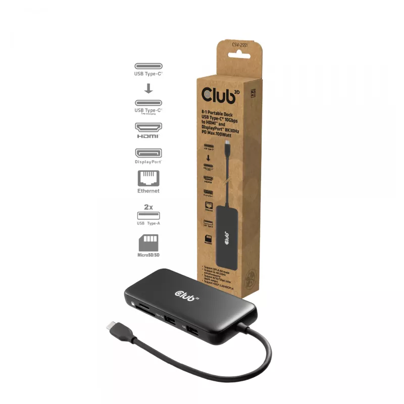 Dock portatile CLUB3D 8-1 USB Type-C® 10Gbps su HDMI™ e DisplayPort™ 8K30Hz PD max. 100Watt