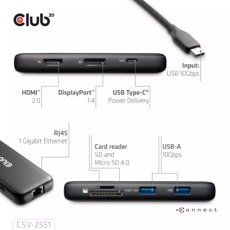 Dock portatile CLUB3D 8-1 USB Type-C® 10Gbps su HDMI™ e DisplayPort™ 8K30Hz PD max. 100Watt