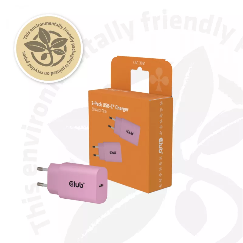 CLUB3D caricabatterie USB C 2 pezzi 30 Watt bianco, per interni, AC, rosa