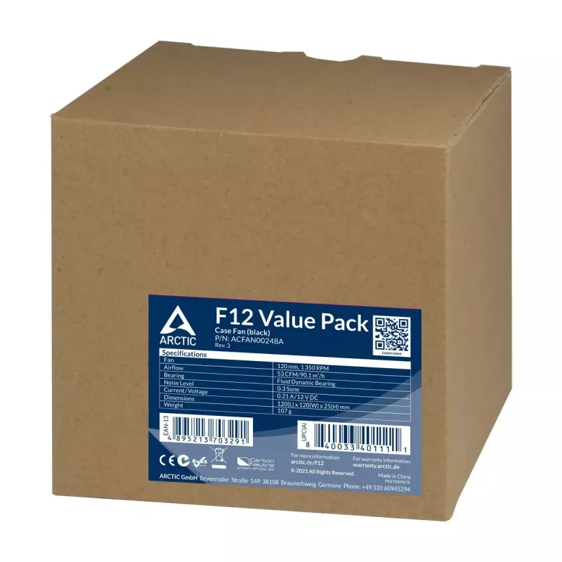 ARCTIC F12 ventola standard per case 120 mm, confezione da 5, nera