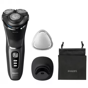 Rasoio elettrico Philips 3000 Series S3343/13 — sistema rotativo a 3 testine, bagnato e asciutto, batteria 60 min, lame PowerCut