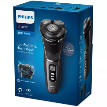Rasoio elettrico Philips 3000 Series S3343/13 — sistema rotativo a 3 testine, bagnato e asciutto, batteria 60 min, lame PowerCut