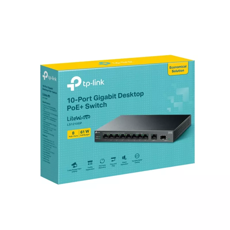 Switch non gestito TP-LINK LS1210GP 10 porte Gigabit, 8× PoE+ (61 W totali), 1× SFP, 9× RJ‑45 Gigabit