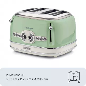 Ariete 156 tostapane Vintage 4 fette, 1600 Watt, 6 livelli di doratura, acciaio inox verniciato in verde pastello, senza cestini per sandwich. verde